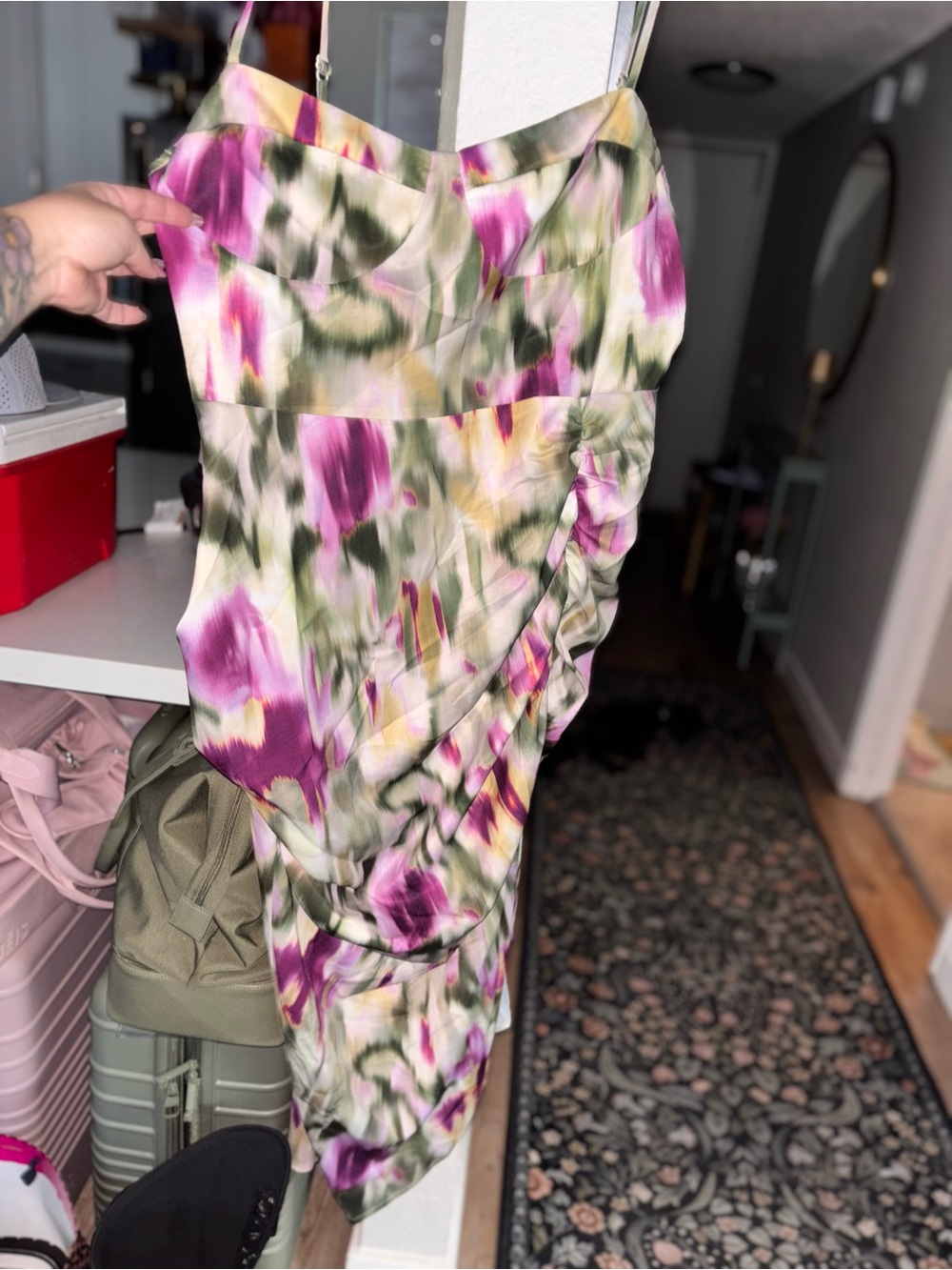 Cider Floral Asymmetrical Ruched Midi Skirt in Purple, Green, and Cream